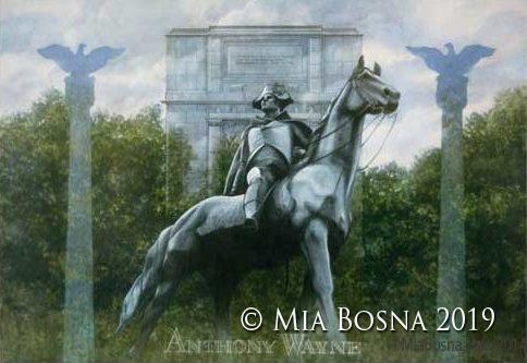 watercolor of Anthony Wayne sculpture in Valley Forge Park 